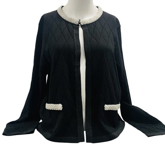 RIO & RIAN NY Black Pearl Trim Quilted Cardigan Sweater Jacket Open Front (XL) - Picture 3 of 13